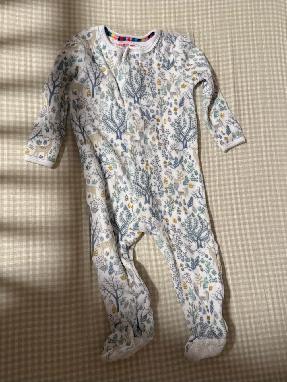 Magnetic Me Velour White Woodland Print Long-Sleeve Footed One-Piece